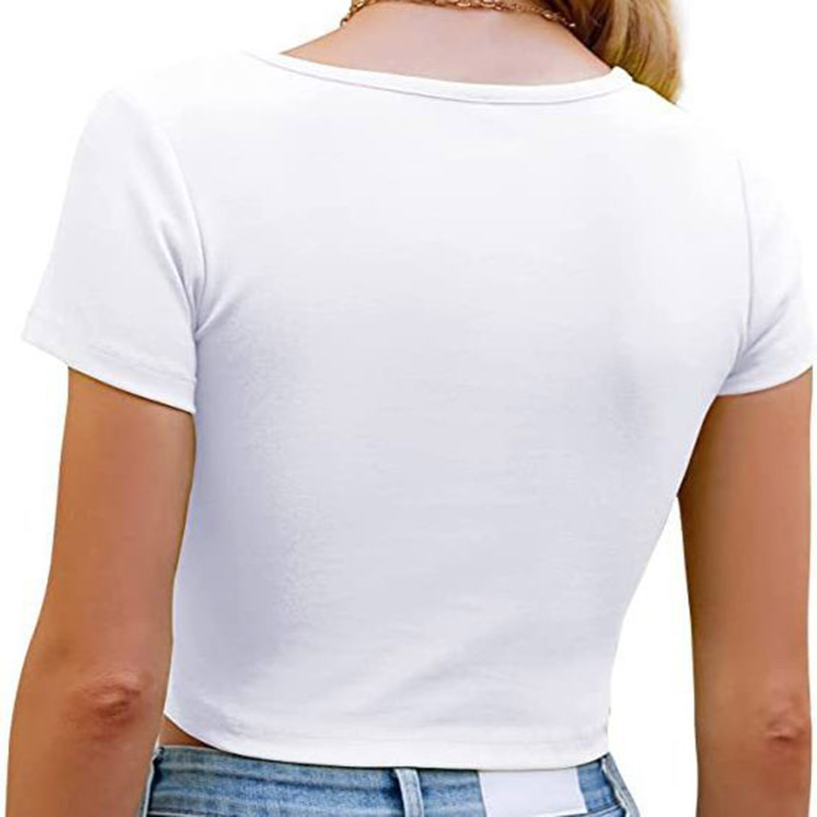 thumbnail image 3 of Crop top de manga corta para mujer - Camiseta ajustada de cuello redondo para uso informal/playa (S-XL), 3 of 5